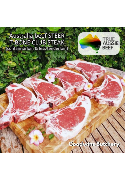 Beef T BONE PORTERHOUSE Australia STEER (young cattle) Healthy Beef frozen TBONE CLUB STEAK (less tenderloin) 2cm 3/4" (price/pc 450gr)